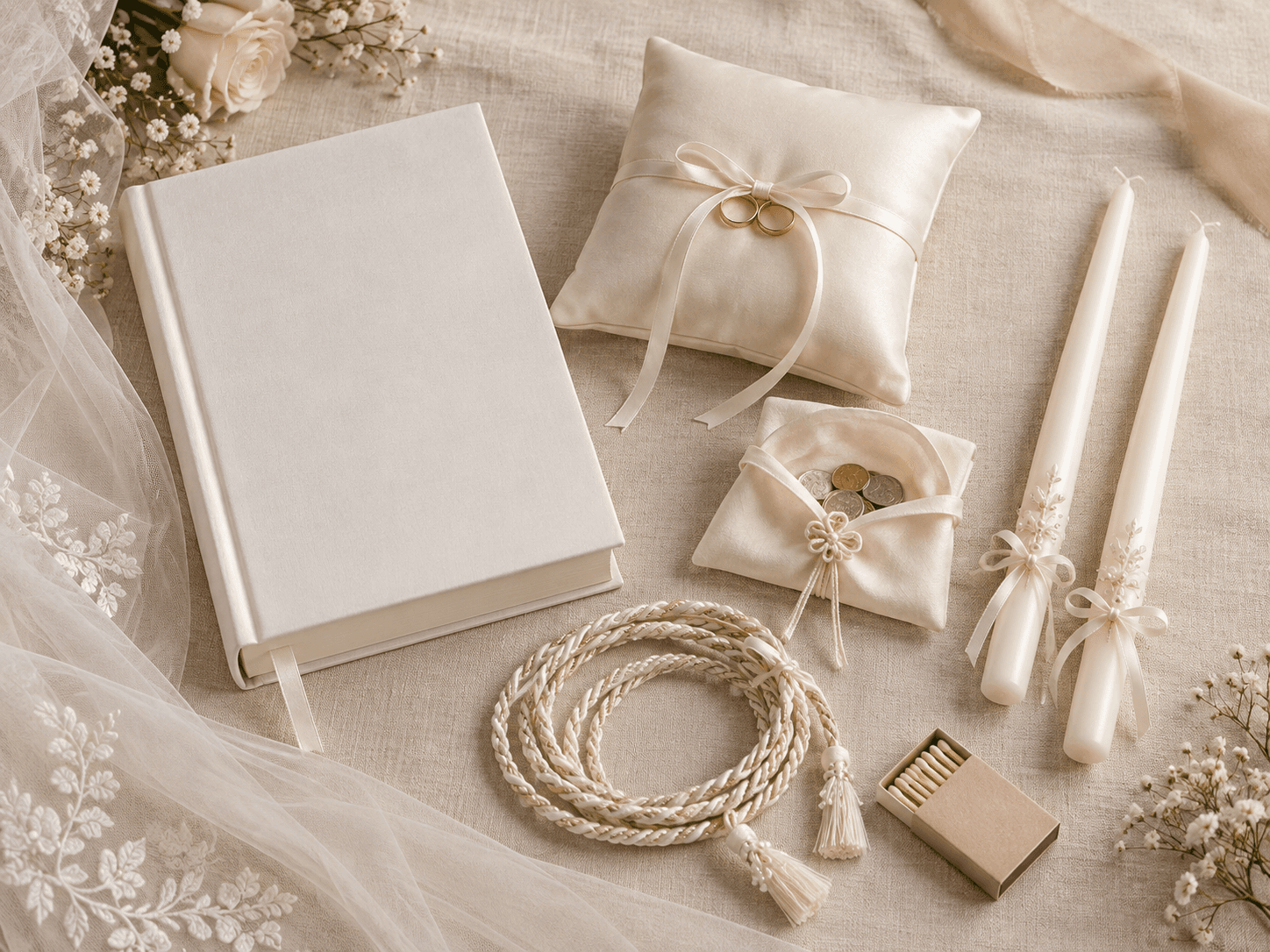 An ivory Bible, ring pillow, arrhae holder, candles, unity cord and matchbox