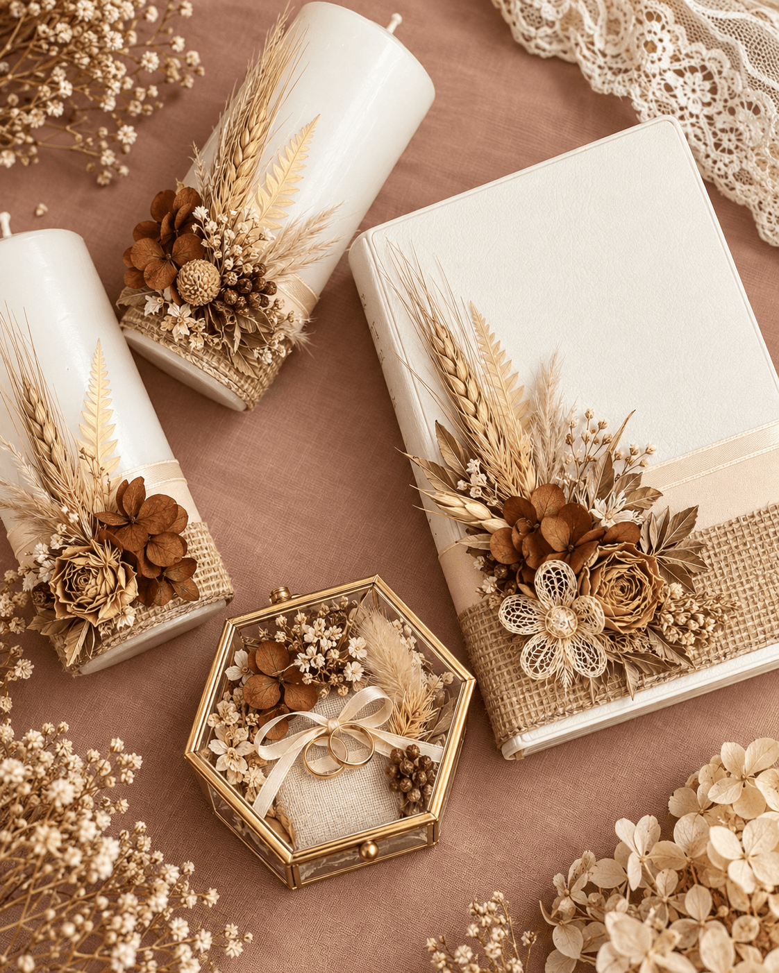 Handcrafted wedding accessories arranged on blush linen