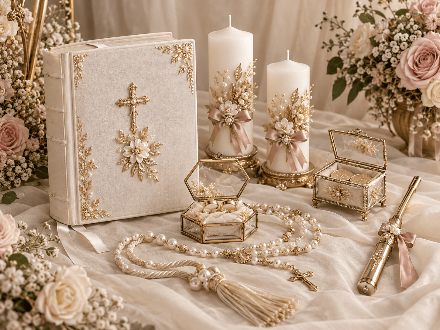 A decorated Bible, unity candles, glass holders, pearl cord and gold igniter